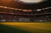 Empty floodlit stadium pitch at dusk with packed stands in soft focus and dramatic golden lighting casting shadows across the field.