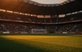 Empty floodlit stadium pitch at dusk with packed stands in soft focus and dramatic golden lighting casting shadows across the field.