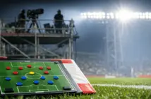 Tactical pitch diagram on analyst desk with stadium gantry and bright floodlights in background; Group Stage match preview setup