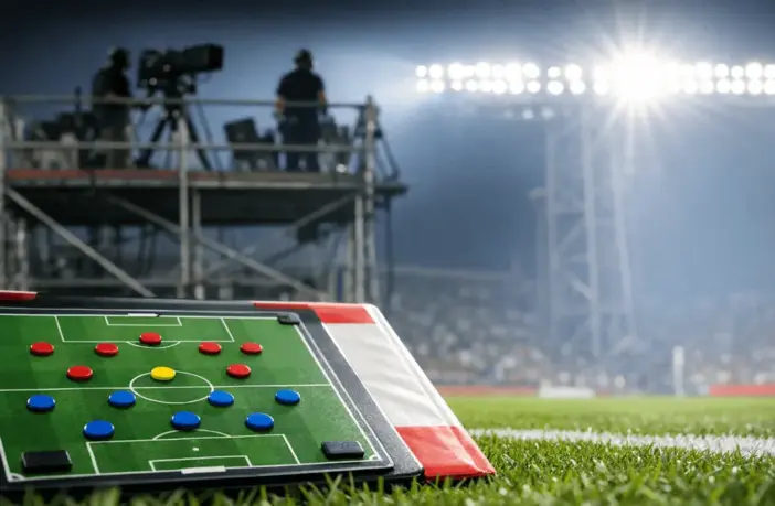 Tactical pitch diagram on analyst desk with stadium gantry and bright floodlights in background; Group Stage match preview setup