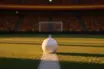 Empty floodlit stadium pitch at golden hour with single match ball on penalty spot, stadium lights in crimson and amber hues.