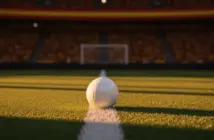 Empty floodlit stadium pitch at golden hour with single match ball on penalty spot, stadium lights in crimson and amber hues.