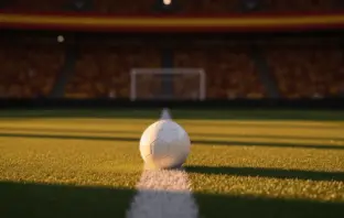 Empty floodlit stadium pitch at golden hour with single match ball on penalty spot, stadium lights in crimson and amber hues.