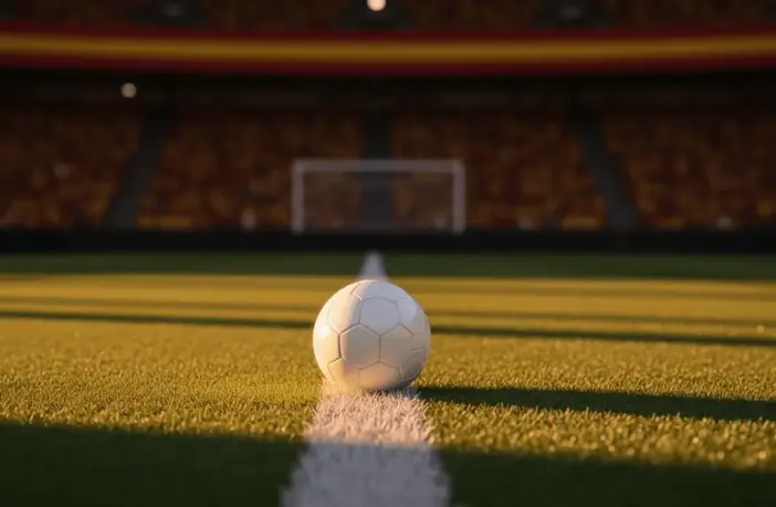 Empty floodlit stadium pitch at golden hour with single match ball on penalty spot, stadium lights in crimson and amber hues.