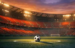 Floodlit stadium with red-tinted seats, single football on penalty spot under dramatic spotlight, evening atmosphere.