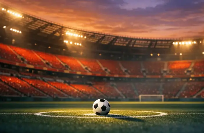 Floodlit stadium with red-tinted seats, single football on penalty spot under dramatic spotlight, evening atmosphere.