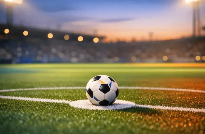 Empty floodlit football pitch at sunset with match ball on penalty spot, blue and red ambient light, dramatic shadows, low-angle shot.