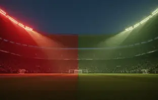 Floodlit stadium at golden hour with packed stands, dramatic shadows, Swiss red and Algerian green lighting palette.