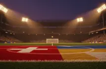 Floodlit World Cup stadium pitch at dusk with packed stands, dramatic shadows, and golden-hour atmospheric lighting.