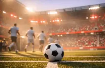 Floodlit football pitch corner with red and white accent lighting, motion-blurred players, and ball in sharp focus on centre circle.