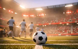 Floodlit football pitch corner with red and white accent lighting, motion-blurred players, and ball in sharp focus on centre circle.