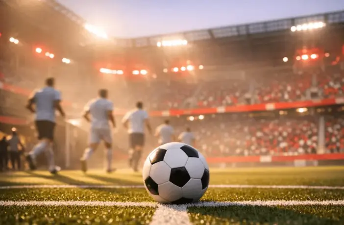 Floodlit football pitch corner with red and white accent lighting, motion-blurred players, and ball in sharp focus on centre circle.