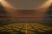 Floodlit stadium pitch at dusk with Tunisia (red-white) and Japan (blue-white) coloured stands, dramatic shadows, no players.