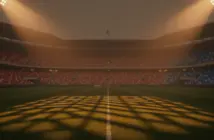 Floodlit stadium pitch at dusk with Tunisia (red-white) and Japan (blue-white) coloured stands, dramatic shadows, no players.