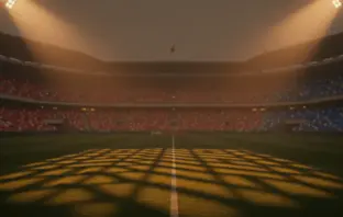 Floodlit stadium pitch at dusk with Tunisia (red-white) and Japan (blue-white) coloured stands, dramatic shadows, no players.