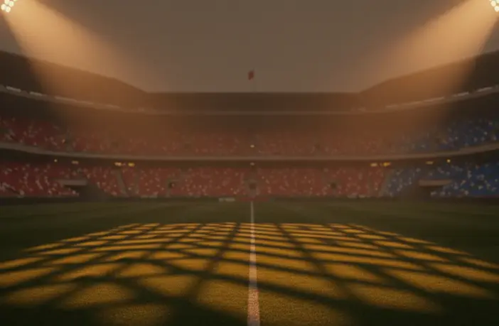 Floodlit stadium pitch at dusk with Tunisia (red-white) and Japan (blue-white) coloured stands, dramatic shadows, no players.