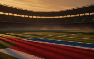 Empty floodlit stadium pitch at golden hour with red-white and blue markings, packed stands silhouetted in dramatic shadows.