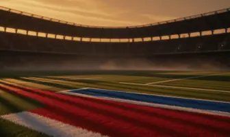 Empty floodlit stadium pitch at golden hour with red-white and blue markings, packed stands silhouetted in dramatic shadows.