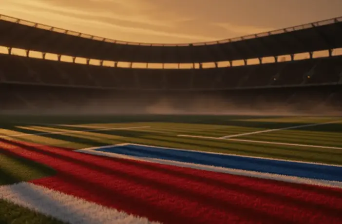 Empty floodlit stadium pitch at golden hour with red-white and blue markings, packed stands silhouetted in dramatic shadows.