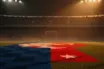Illuminated stadium pitch with red-white and blue flag colours, packed stands, dramatic shadows, golden-hour lighting.