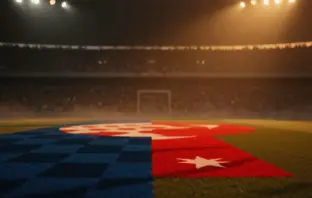 Illuminated stadium pitch with red-white and blue flag colours, packed stands, dramatic shadows, golden-hour lighting.
