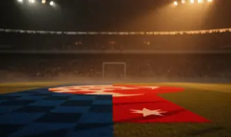 Illuminated stadium pitch with red-white and blue flag colours, packed stands, dramatic shadows, golden-hour lighting.