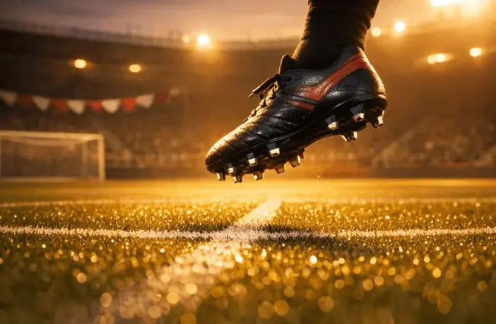 Floodlit football pitch at dusk with boot in motion, centre circle focus, red-and-white bunting visible in stadium stands.