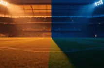 Floodlit empty football stadium pitch at golden hour with dramatic shadow patterns and blue-gold atmospheric lighting.
