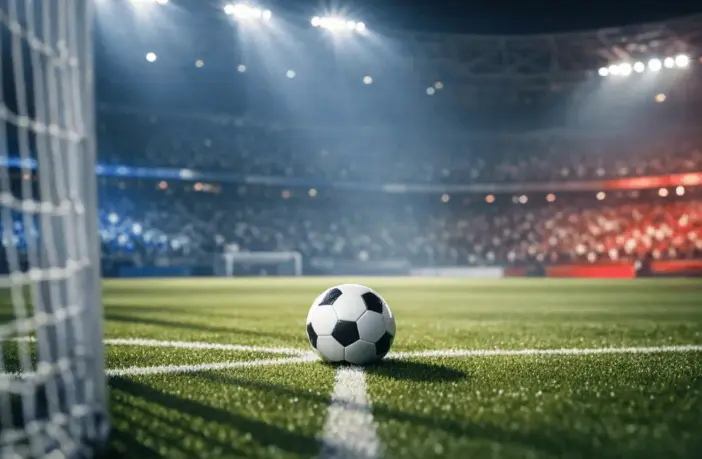 Floodlit football pitch with match ball on centre spot at night, ready for kickoff. Empty stadium stands under dramatic shadows.
