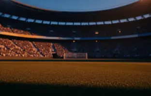 Empty floodlit stadium pitch at dusk with packed stands and dramatic shadows, shot from ground level during golden hour.