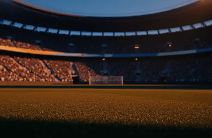 Empty floodlit stadium pitch at dusk with packed stands and dramatic shadows, shot from ground level during golden hour.