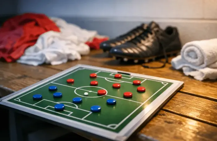 Tactical preparation scene: locker-room bench with US-coloured kit, boots, towels, and pitch diagram magnets in dramatic lighting.