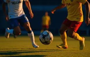 Evening stadium action: players in white-blue and yellow-red kits converging on ball during floodlit match, sharp shadows, shallow focus.