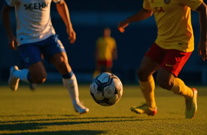 Evening stadium action: players in white-blue and yellow-red kits converging on ball during floodlit match, sharp shadows, shallow focus.