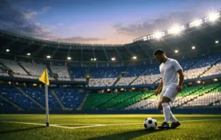 Floodlit stadium corner section with blue and green-lit stands; lone player in white kit with ball near corner flag.