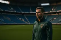 Football manager standing alone on empty stadium sideline at dusk, contemplative and isolated mood