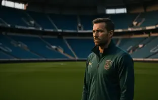 Football manager standing alone on empty stadium sideline at dusk, contemplative and isolated mood