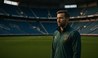 Football manager standing alone on empty stadium sideline at dusk, contemplative and isolated mood