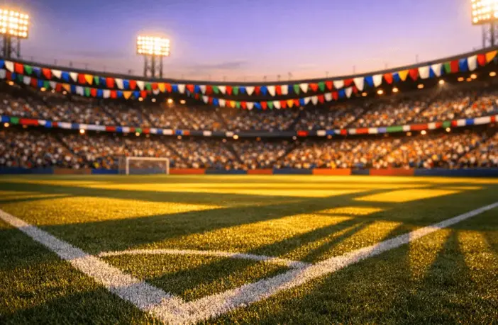 Floodlit stadium with colourful bunting, packed stands, and shadow-dappled pitch at golden hour.