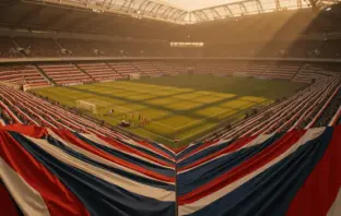 Elevated stadium corner view showing coloured bunting and floodlit pitch at dusk, group-stage atmosphere.