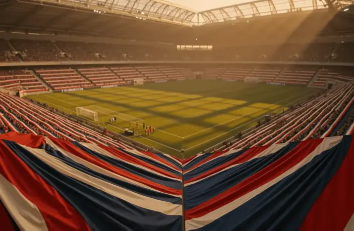 Elevated stadium corner view showing coloured bunting and floodlit pitch at dusk, group-stage atmosphere.