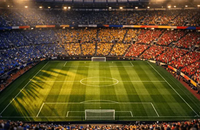 Overhead view of floodlit stadium with colourful flag-draped sections and long shadows across pitch during group-stage pre-match atmosphere.