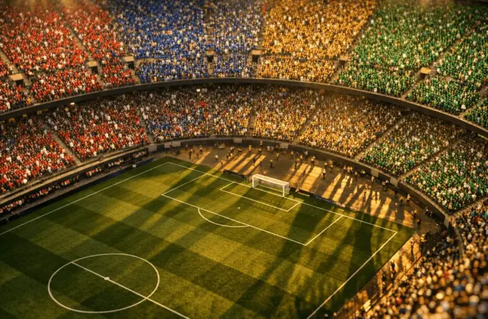Overhead aerial view of a floodlit stadium with colourful group-section stands and crowd atmosphere under golden evening lights.