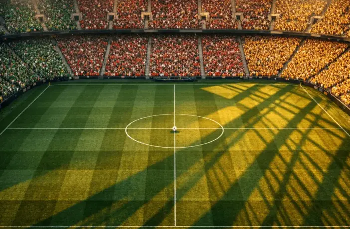 Stadium aerial view with floodlit pitch, packed colourful stands, and centered match ball under evening lights.