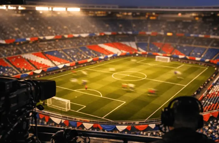 Floodlit stadium bowl with bunting in national colours, shot from broadcast gantry at golden hour.