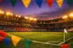 Empty stadium terrace at dusk with flag-coloured bunting and floodlit pitch, anticipatory group-stage atmosphere.