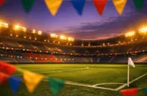 Empty stadium terrace at dusk with flag-coloured bunting and floodlit pitch, anticipatory group-stage atmosphere.