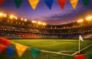 Empty stadium terrace at dusk with flag-coloured bunting and floodlit pitch, anticipatory group-stage atmosphere.
