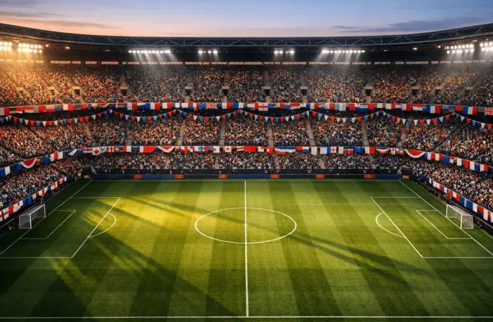 Floodlit stadium stands with colourful bunting and flags; sharp pitch geometry; golden-hour lighting; cinematic depth of field.