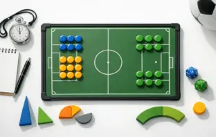 Overhead view of tactical analysis desk with football pitch diagram and coloured analysis magnets for group-stage betting insights.